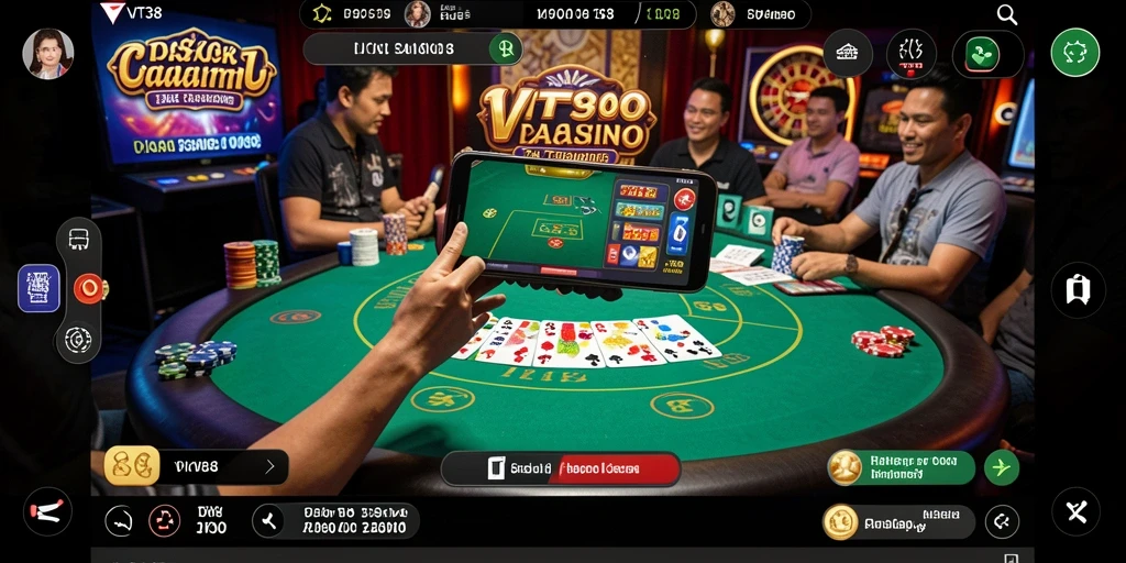 Screenshot gameplay VT38 menampilkan dealer langsung dan suasana kasino yang nyata.